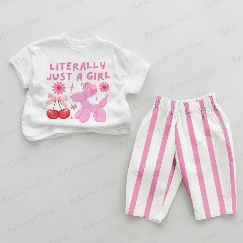 LITERALLY JUST A GIRL Baby Pink Slogan Vertical Striped 2-piece Set - White&Pink - 2-3T - image 1