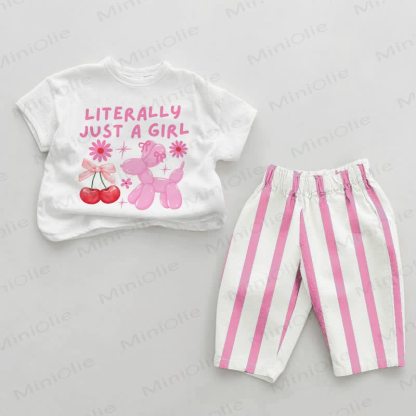 LITERALLY JUST A GIRL Baby Pink Slogan Vertical Striped 2-piece Set - White&Pink - 2-3T - image 1