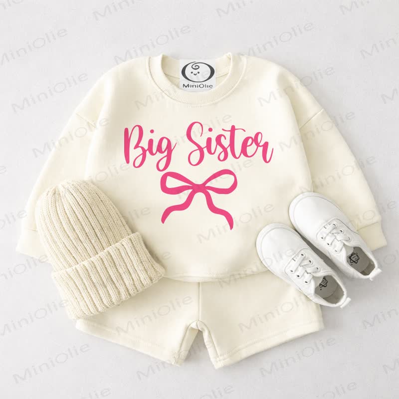 BIG/LITTLE SISTER Baby Cream White Bowknot Sweatshirt and Shorts 2-piece Set - Big - 3-4T - image 1