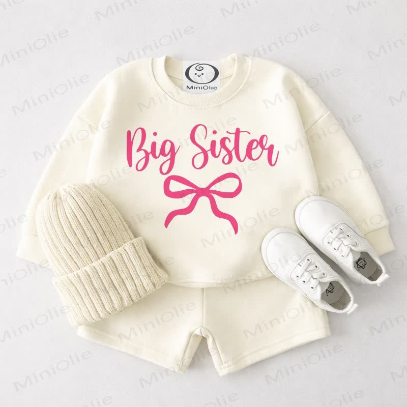 BIG/LITTLE SISTER Baby Cream White Bowknot Sweatshirt and Shorts 2-piece Set - Big - 3-4T - image 1