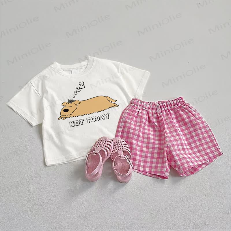 NOT TODAY Baby Tee and Plaid Shorts 2-Piece Set - White&Pink - 3-5T - image 1
