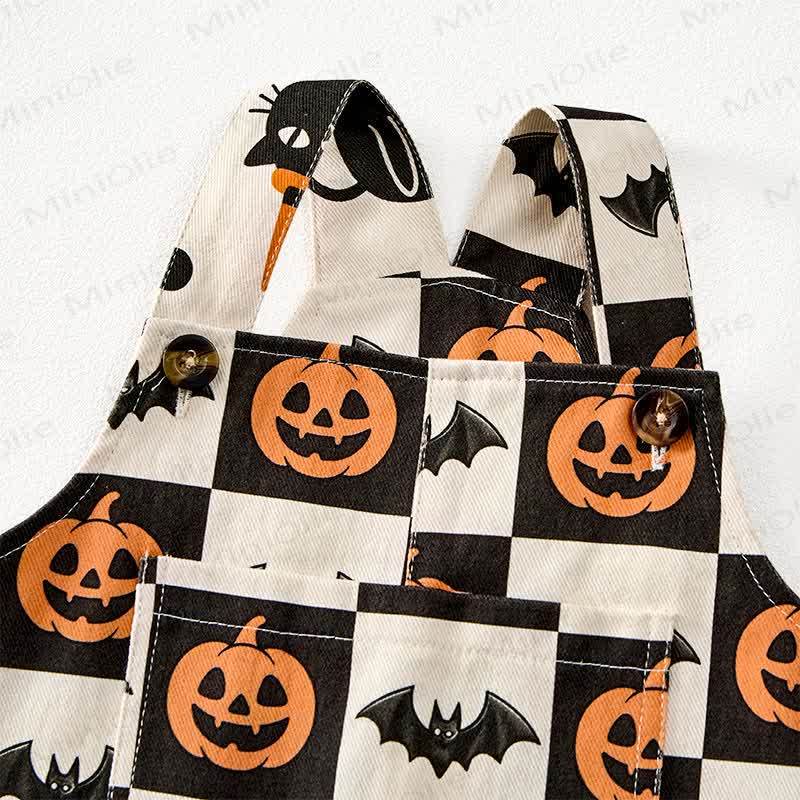 Baby Toddler Pumpkin Bat Black White Checkerboard Print Beige Overalls - image 4