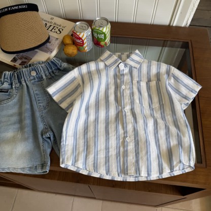 Kid Boy Blue Vertical Striped Shirt Top - image 2