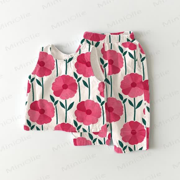 Toddler Girl Flower Print White 2-piece Sleeveless Set - White - 5-7T - image 1