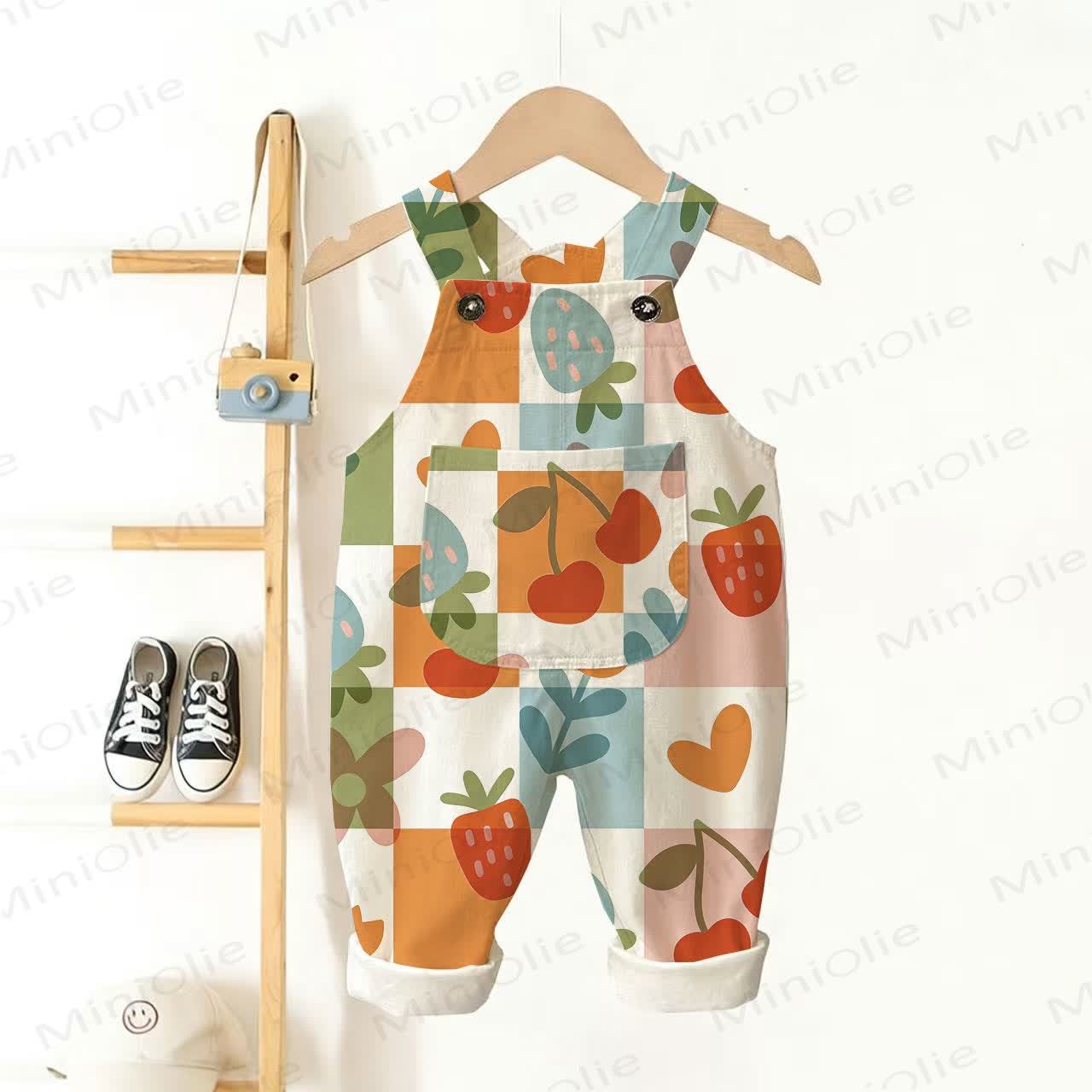 Baby Toddler Strawberry and Cherry Plaid Overalls - Beige - 3-5T - image 1