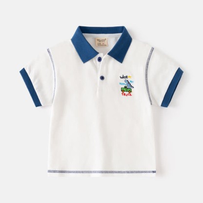 Kid Boy Embroidered Dinosaur Truck Polo Shirt - White - 8Y - image 2