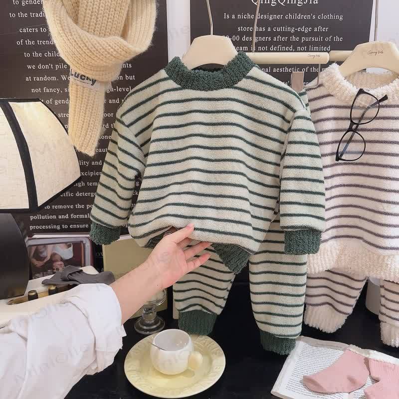 Toddler Striped Plush Pullover 2-piece Loungewear Set - Green - 10-11T - image 4