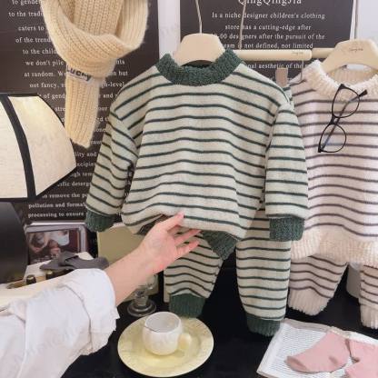 Toddler Striped Plush Pullover 2-piece Loungewear Set - Green - 10-11T - image 4