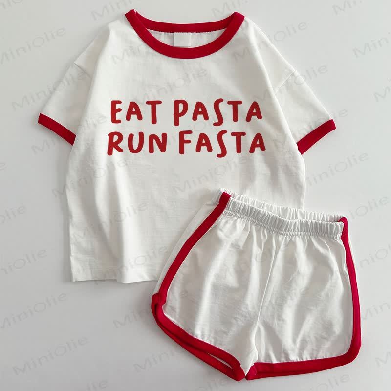 EAT PASTA RUN FASTA Baby Print T-shirt and Shorts 2-Piece Set - White&Red - 3-5T - image 1