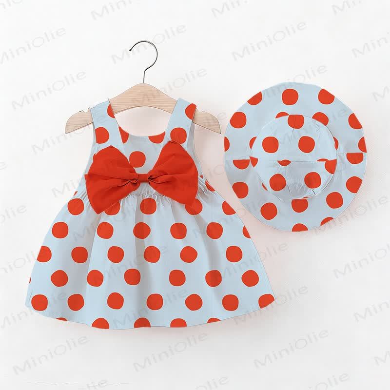 Baby Girl Red Polka Dots Bow Dress with Hat - Blue - 2-3T - image 1