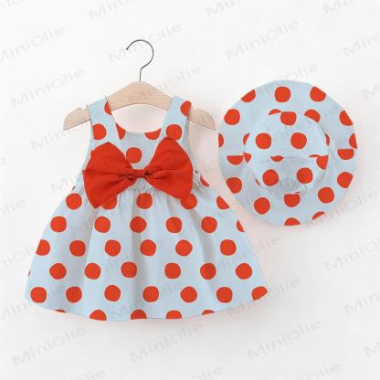 Baby Girl Red Polka Dots Bow Dress with Hat - Blue - 2-3T - image 1