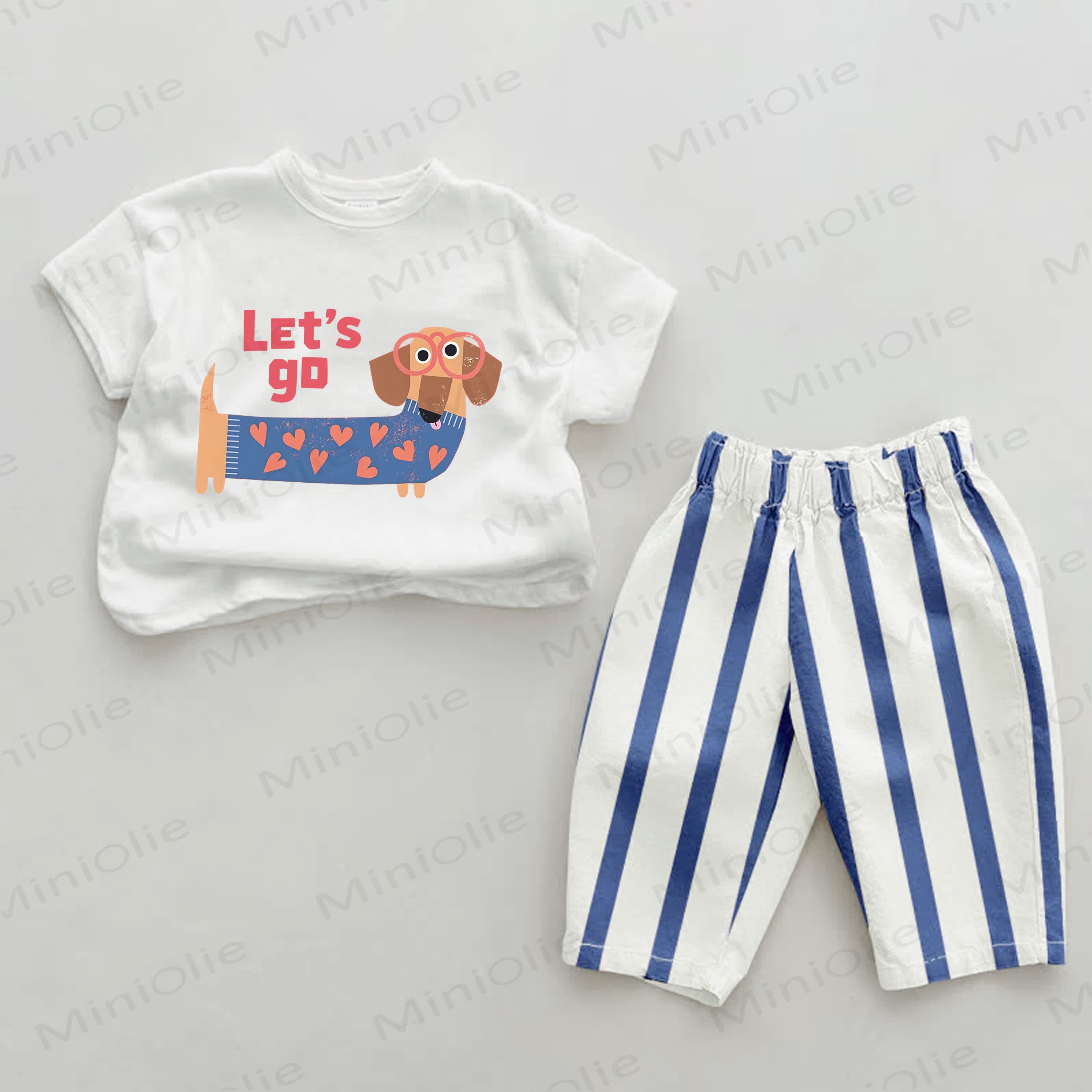 LET'S GO Baby Blue Dachshund Print Vertical Striped 2-piece Set - White&Blue - 2-3T - image 1