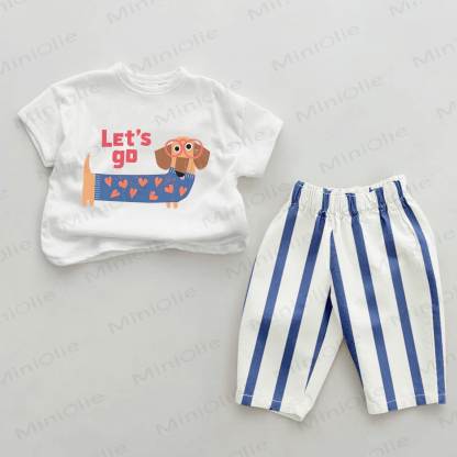 LET'S GO Baby Blue Dachshund Print Vertical Striped 2-piece Set - White&Blue - 2-3T - image 1