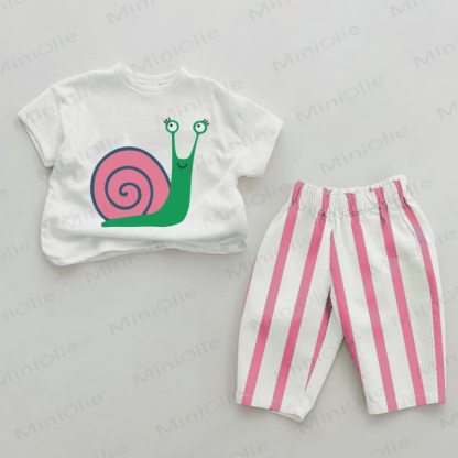 Baby Snail Print Pink Vertical Striped 2-piece Set - White&Pink - 2-3T - image 1