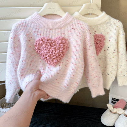 Kid Girl Pink Heart Knitted Pullover Sweater - image 2
