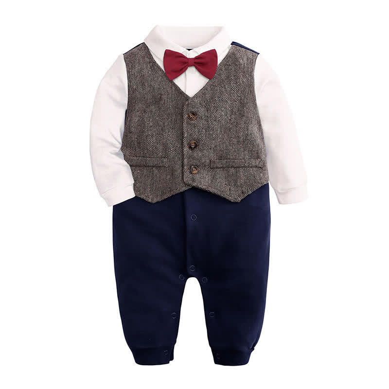 Baby Boy Bow Tie Gentleman Suit Romper - Coffee - 12-18M - image 4