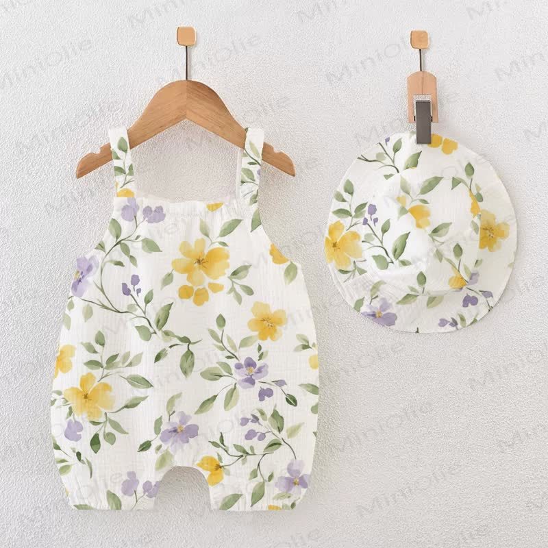 Baby Girl Yellow Floral Romper with Hat - White - 18-24M - image 1
