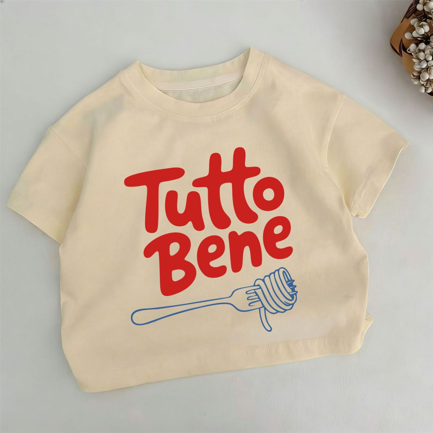 TUTTO BENE Toddler Fork and Pasta Print Slogan Khaki T-shirt - Khaki - 6-7T - image 1