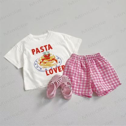 PASTA LOVER Baby Pink Tee and Plaid Shorts 2-Piece Set - White&Pink - 3-5T - image 1