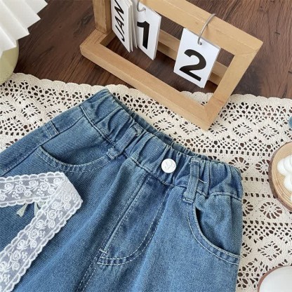 Toddler Denim Embroidered Bow Blue Pants - image 3
