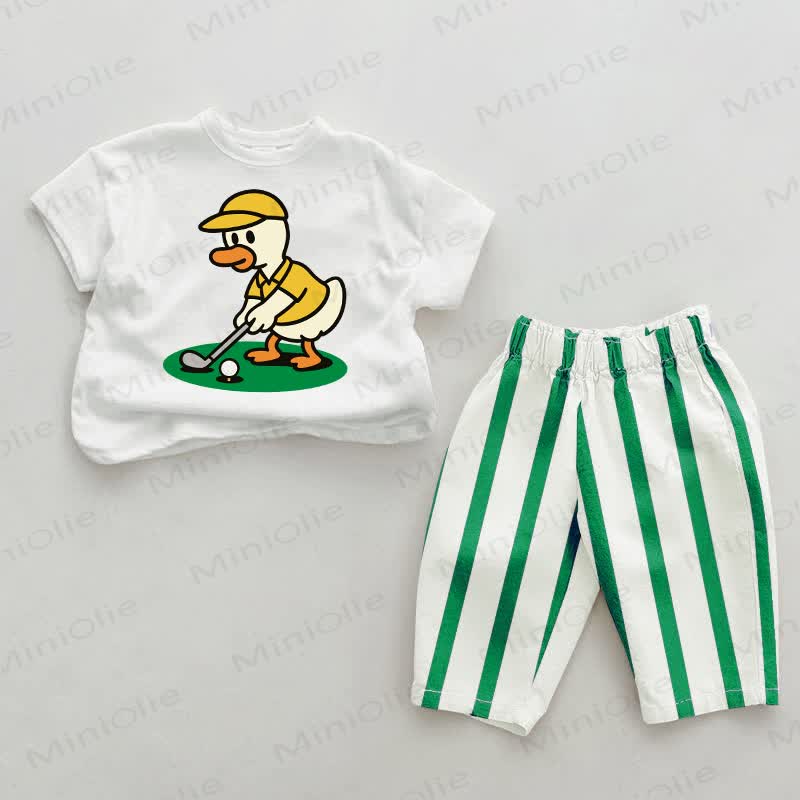 Baby Green Golfer Duck Vertical Striped 2-piece Set - White&Green - 2-3T - image 1