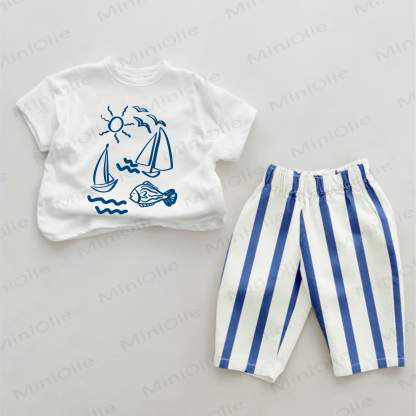 Baby Sailboat Print Blue Vertical Striped 2-piece Set - White&Blue - 2-3T - image 1
