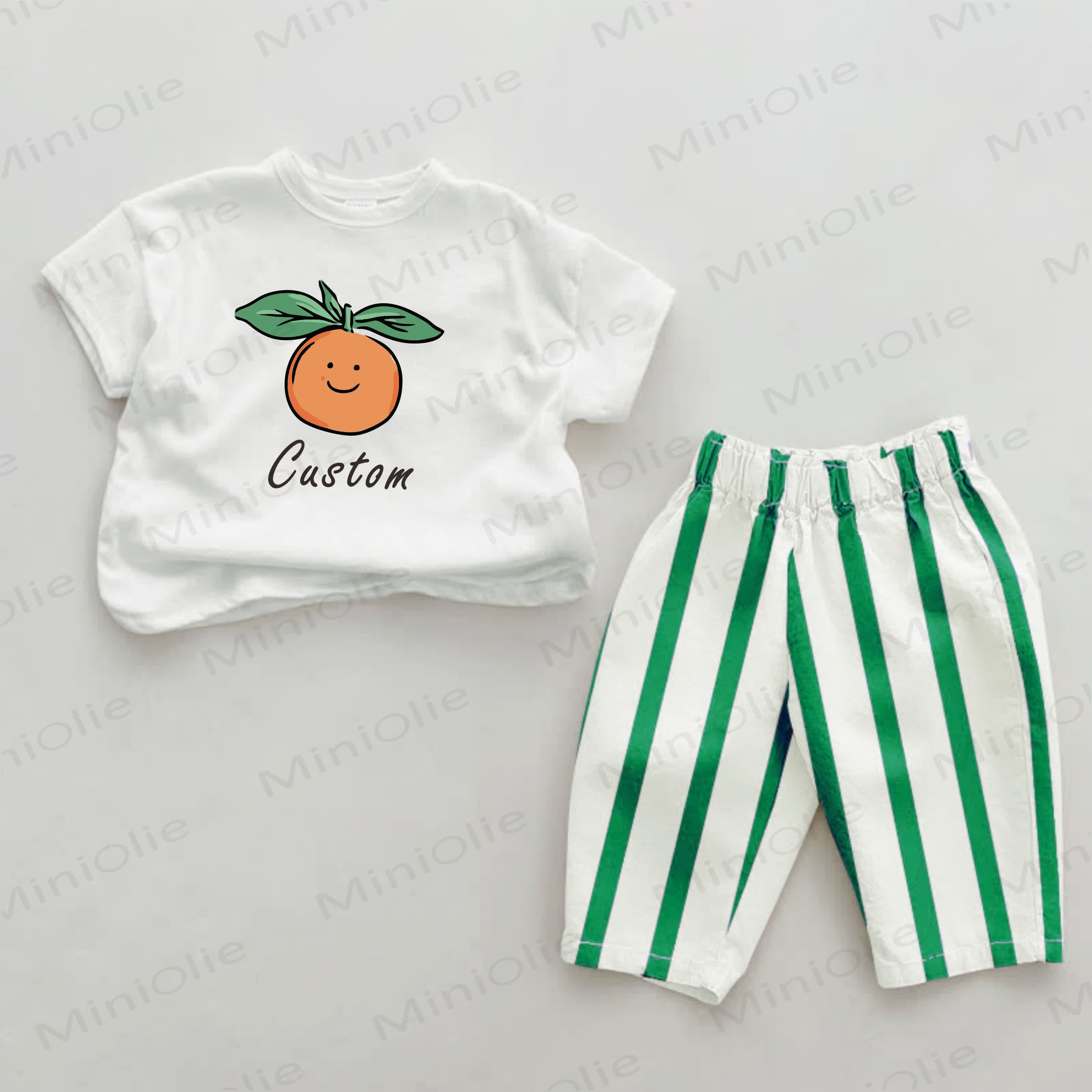 Personalize Baby Name Customization Orange Print Green Striped 2-piece Set - image 1