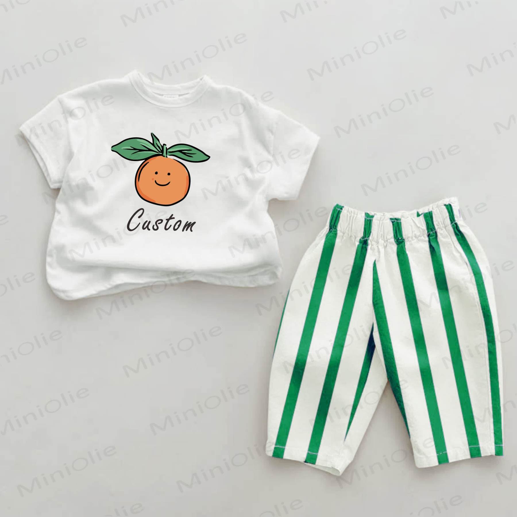 Personalize Baby Name Customization Orange Print Green Striped 2-piece Set - image 1