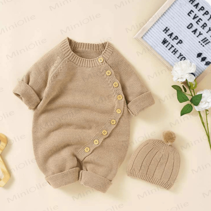 Baby Solid Color Knit Romper with Hat - Khaki - 12-18M - image 7