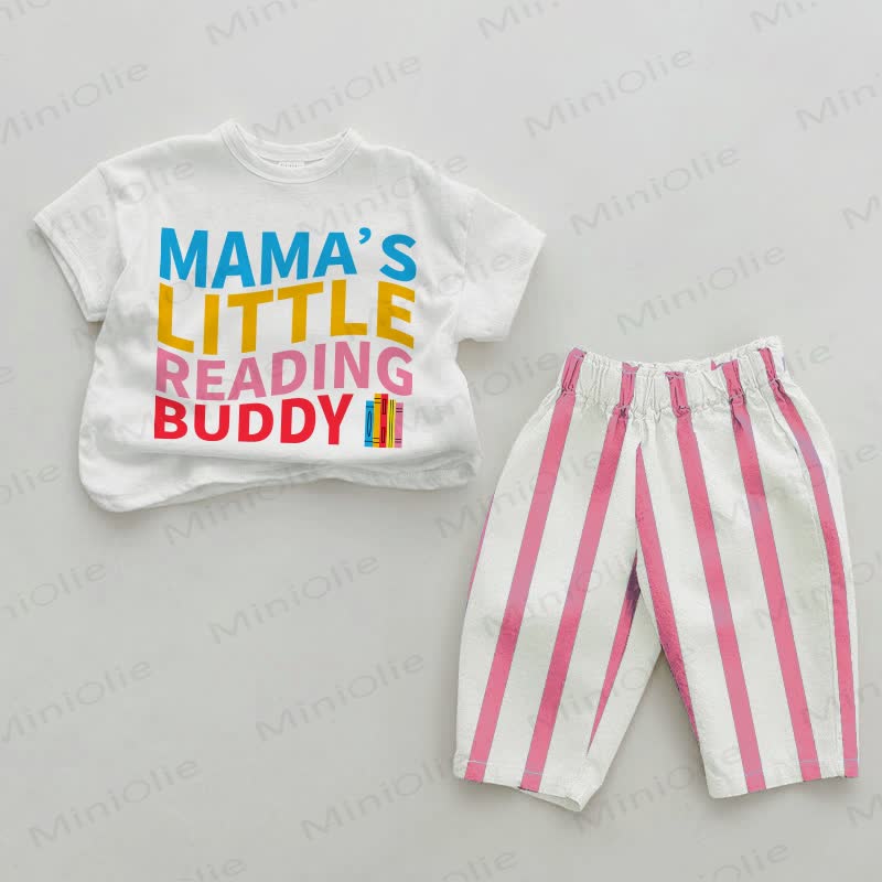 MAMA'S LITTLE READING BUDDY Baby Pink Vertical Striped 2-piece Set - White&Pink - 2-3T - image 1