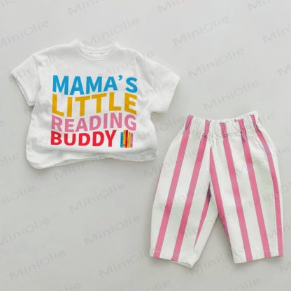 MAMA'S LITTLE READING BUDDY Baby Pink Vertical Striped 2-piece Set - White&Pink - 2-3T - image 1