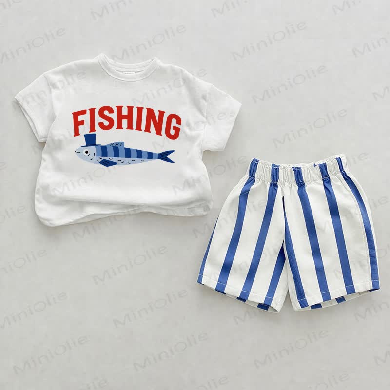 FISHING Baby Blue Vertical Striped 2-piece Shorts Set - White&Blue - 2-3T - image 1