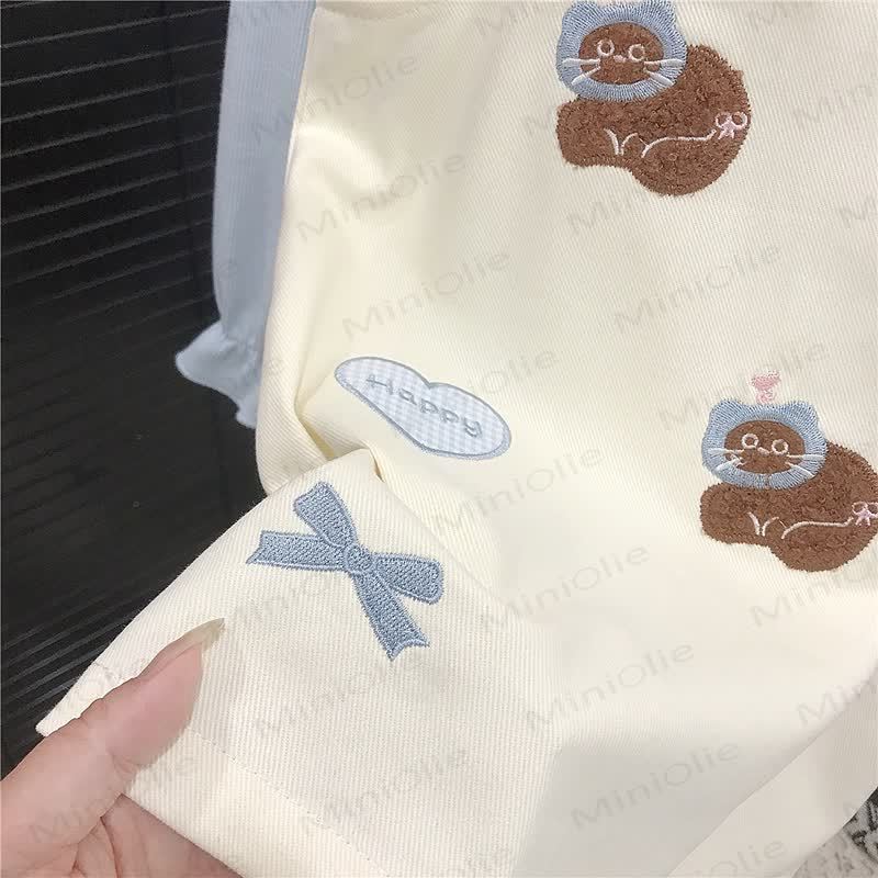 HAPPY Toddler Kid Girl Bow Plaid Love Cat Beige Dress & Blue Top - image 7