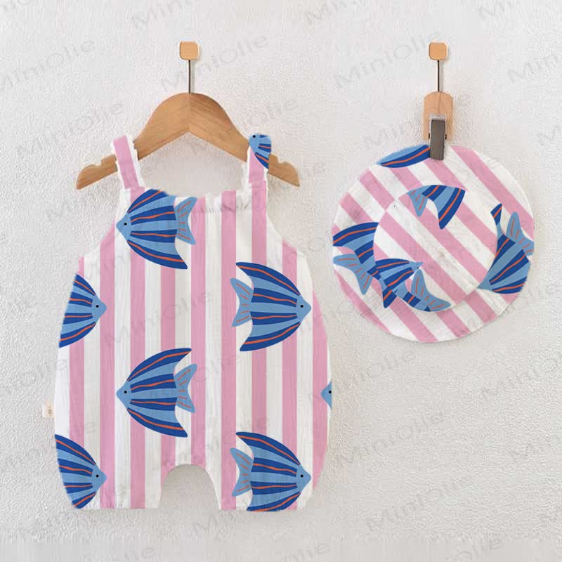 Baby Fish Print Stripe Romper with Hat - White - 18-24M - image 1