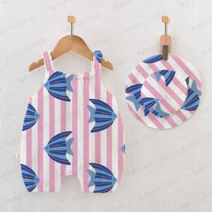 Baby Fish Print Stripe Romper with Hat - White - 18-24M - image 1