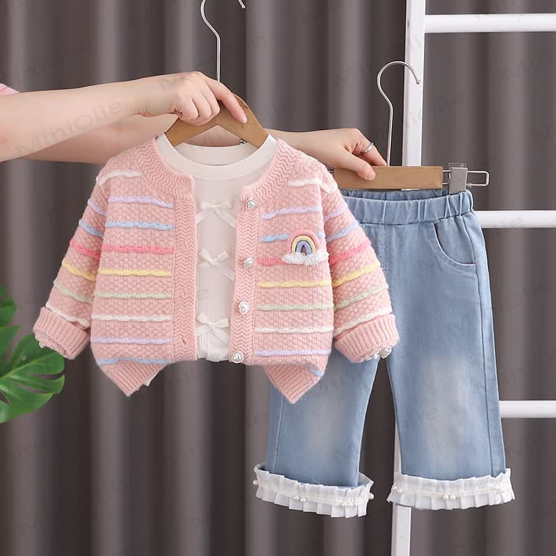Baby Toddler Girl Bows Rainbow Knitted Sweater 3-Piece Set - image 5