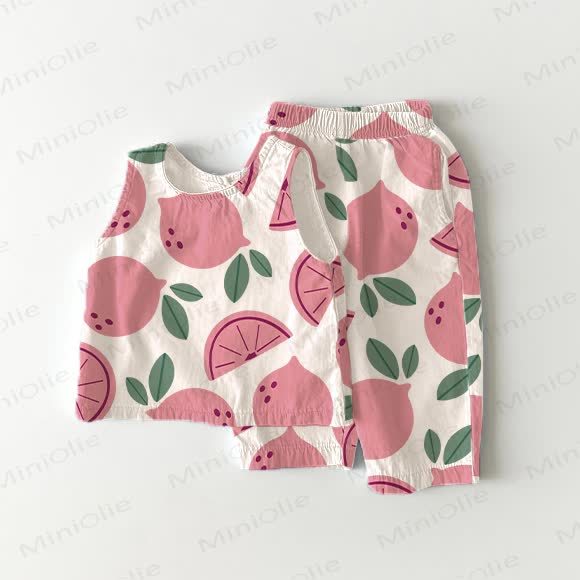 Toddler Girl Pink Lemon Full Print White 2-piece Sleeveless Set - White - 5-7T - image 1