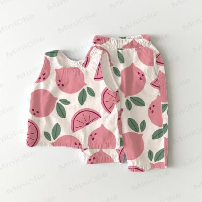 Toddler Girl Pink Lemon Full Print White 2-piece Sleeveless Set - White - 5-7T - image 1