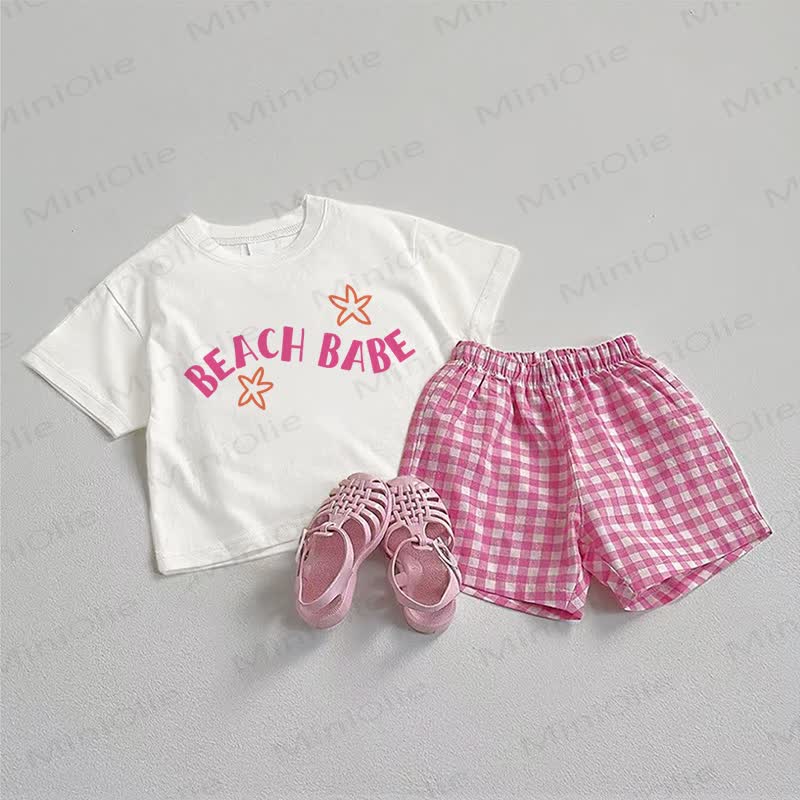 BEACH BABE Baby Pink Tee and Plaid Shorts 2-Piece Set - White&Pink - 3-5T - image 1