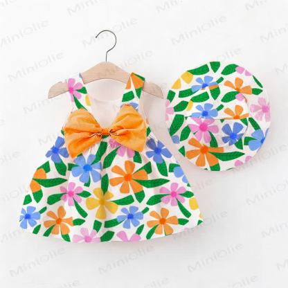 Baby Girl Bow Flower and Leaf Print Dress with Hat - White - 2-3T - image 1