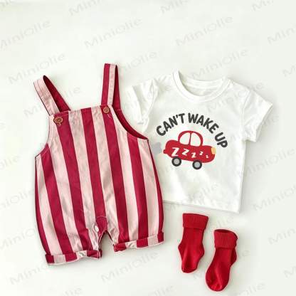 CAN'T WAKE UP Baby Vehicle Print Red Stripe Overalls and White Tee 2-piece Set - White&Red - 2-3T - image 1