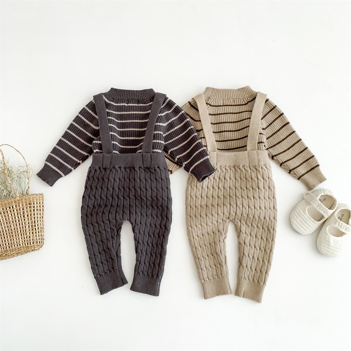 Baby Button Broad-striped Knitted Sweater Overalls