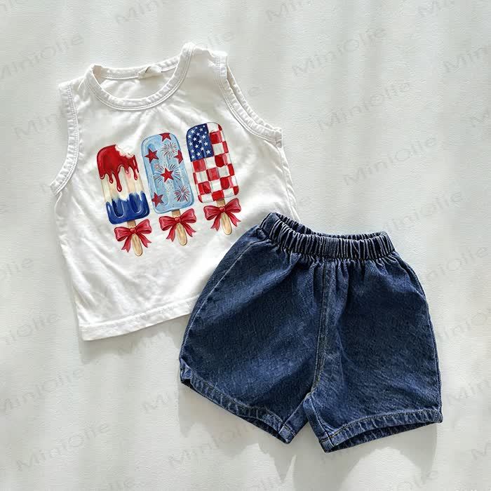 Baby Independence Day Popsicle Tank and Denim Shorts 2-Piece Set - White&Blue - 3-5T - image 1