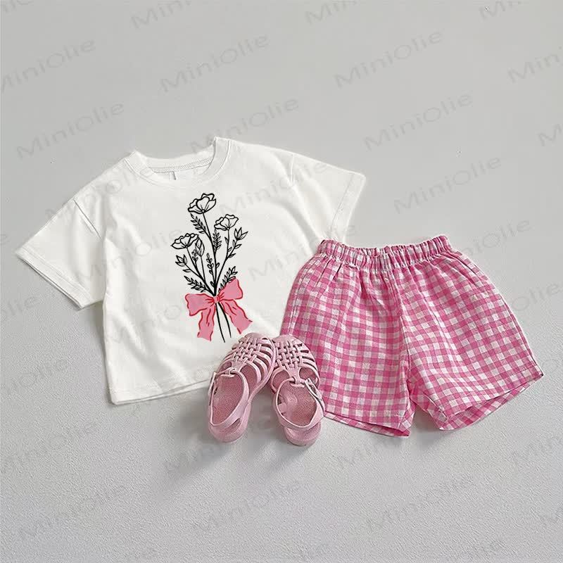 Baby Floral Tee and Plaid Shorts 2-Piece Set - White&Pink - 3-5T - image 1