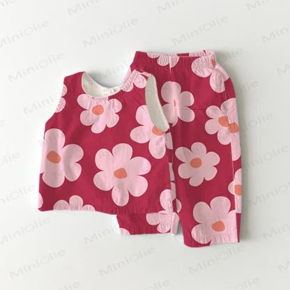 Baby Toddler Red Flower Print Short-Sleeve Set - White - 3-4T - image 1