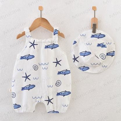 Baby Little Fish Print White Jumpsuit with Hat - White - 18-24M - image 1