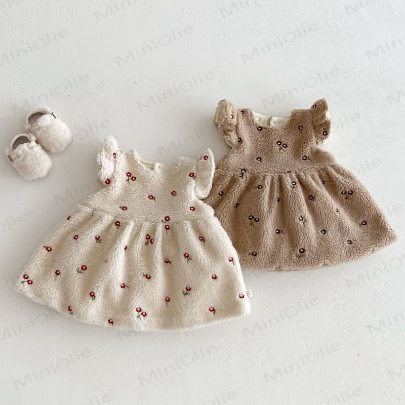 Toddler Girl Flower Flying Sleeves Fleece Dress - image 4
