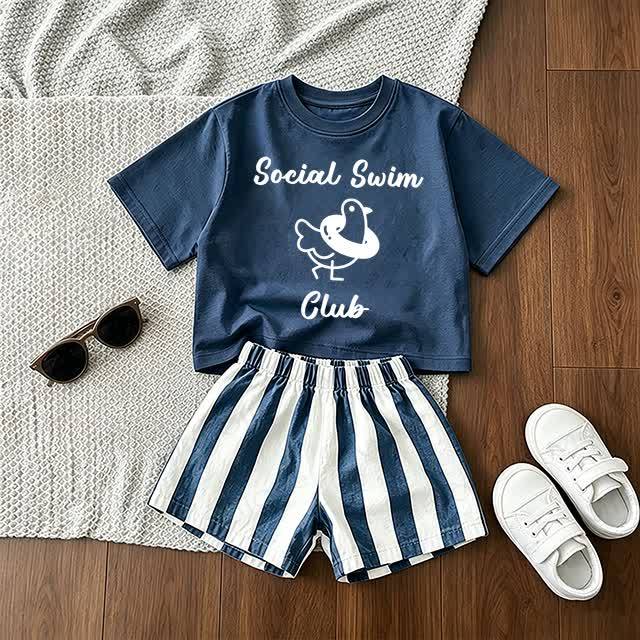 SOCIAL SWIM CLUB Baby Toddler Tee and Striped Shorts 2-piece Set - Blue - 3-5T - image 1