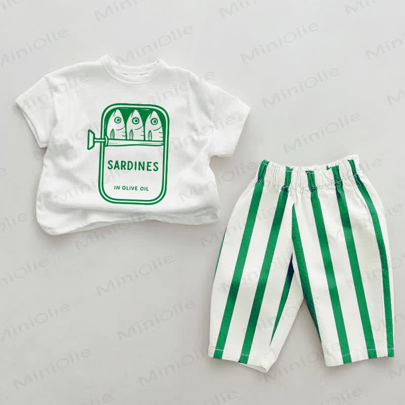 Baby Canned Sardines Pattern Green Vertical Striped 2-piece Set - White&Green - 2-3T - image 1