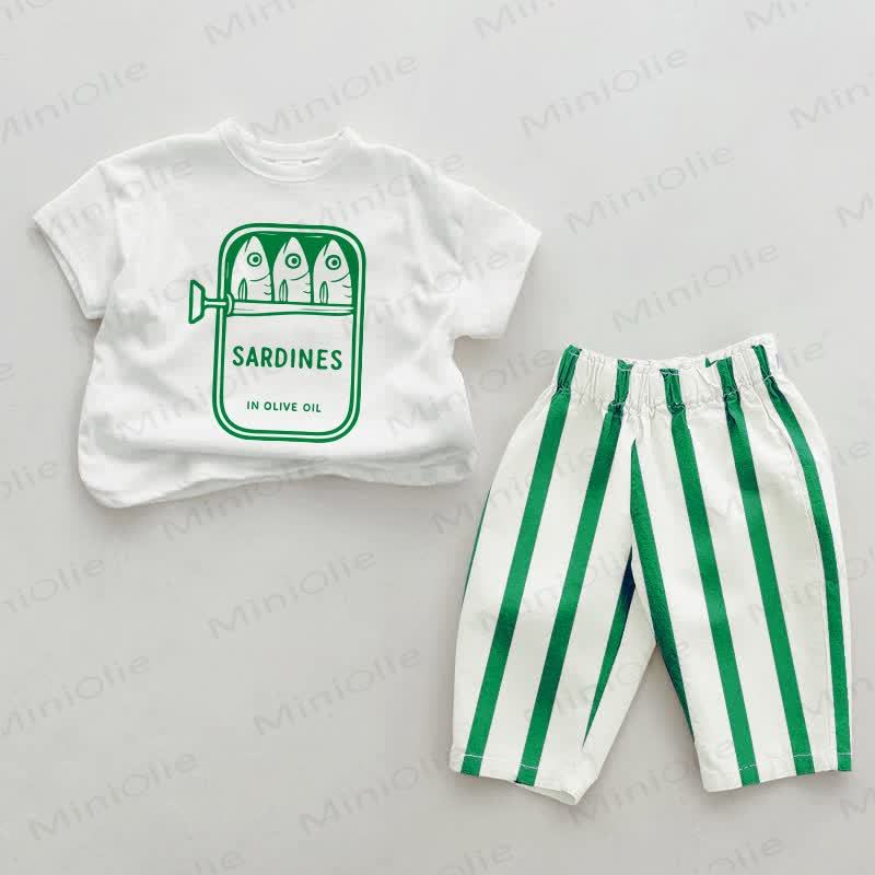 Baby Canned Sardines Pattern Green Vertical Striped 2-piece Set - White&Green - 2-3T - image 1